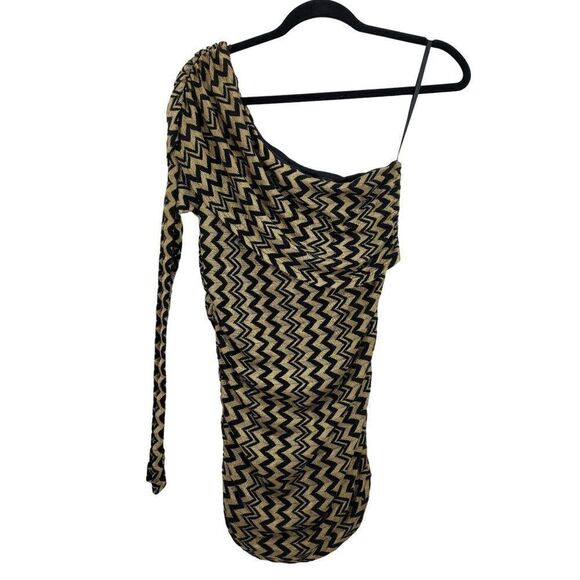 Arden B One Shoulder Mini Bodycon Dress S Black Gold Chevron Knit Overlay - Picture 1 of 9